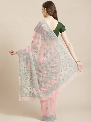 hand embroidered peach georgette lucknowi chikankari saree with blouse  2
