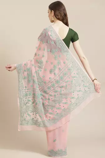 hand embroidered peach georgette lucknowi chikankari saree with blouse 