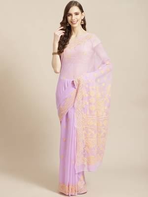 hand embroidered mauve georgette lucknowi chikankari saree with blouse  1