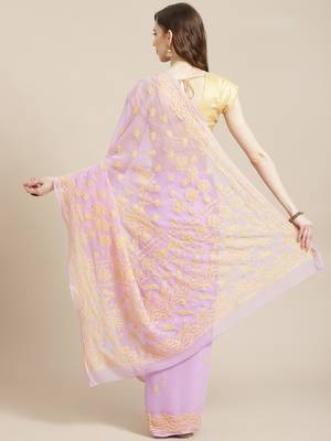 hand embroidered mauve georgette lucknowi chikankari saree with blouse  2