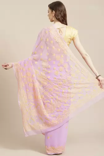 hand embroidered mauve georgette lucknowi chikankari saree with blouse 