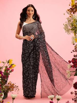hand embroidered black georgette lucknowi chikankari saree with blouse  1
