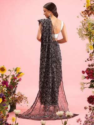 hand embroidered black georgette lucknowi chikankari saree with blouse  2