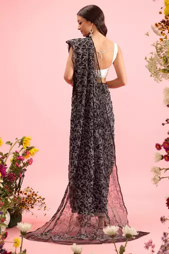 hand embroidered black georgette lucknowi chikankari saree with blouse 