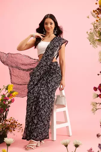 hand embroidered black georgette lucknowi chikankari saree with blouse 