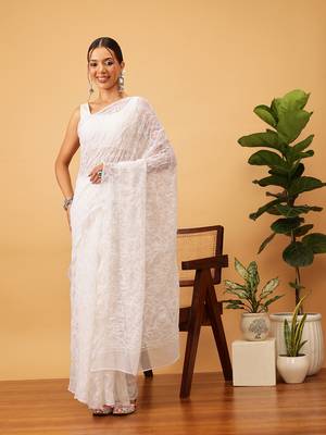 hand embroidered white georgette lucknowi chikankari saree with blouse  2