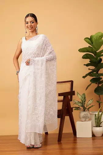 hand embroidered white georgette lucknowi chikankari saree with blouse 