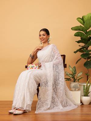 hand embroidered white georgette lucknowi chikankari saree with blouse  1