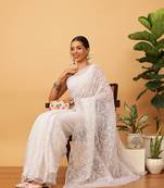 hand embroidered white georgette lucknowi chikankari saree with blouse 
