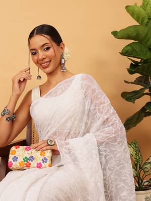 hand embroidered white georgette lucknowi chikankari saree with blouse  4