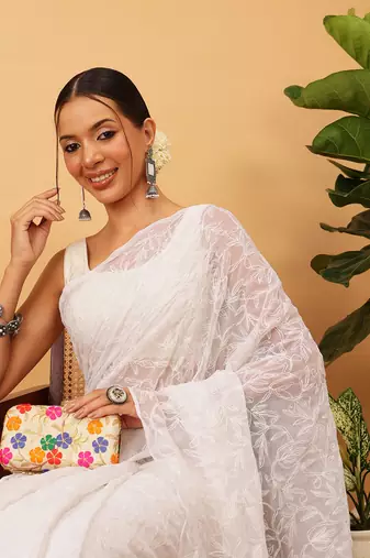 hand embroidered white georgette lucknowi chikankari saree with blouse 