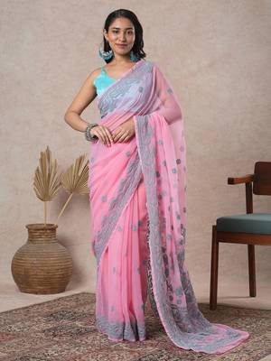 hand embroidered onion pink georgette saree with blouse  1