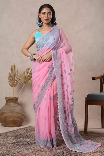 hand embroidered onion pink georgette saree with blouse 