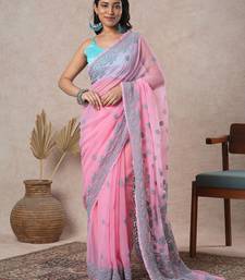 hand embroidered onion pink georgette saree with blouse 