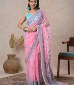 hand embroidered onion pink georgette saree with blouse 