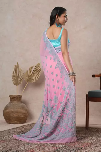 hand embroidered onion pink georgette saree with blouse 