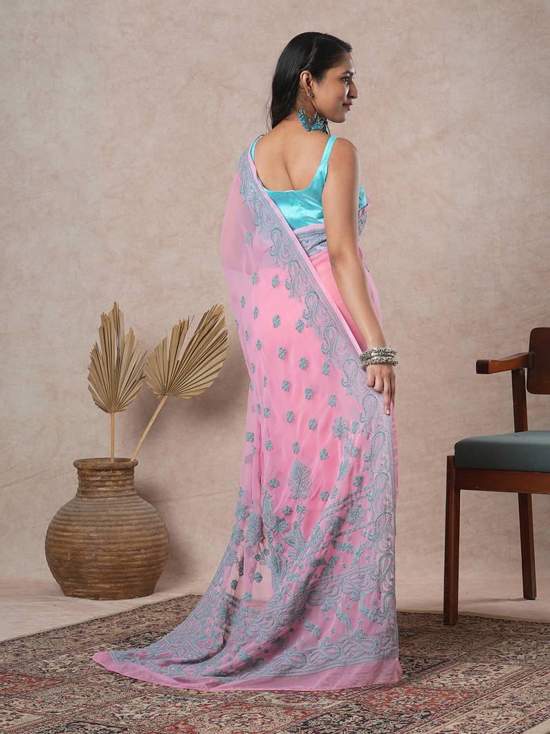 hand embroidered onion pink georgette saree with blouse 