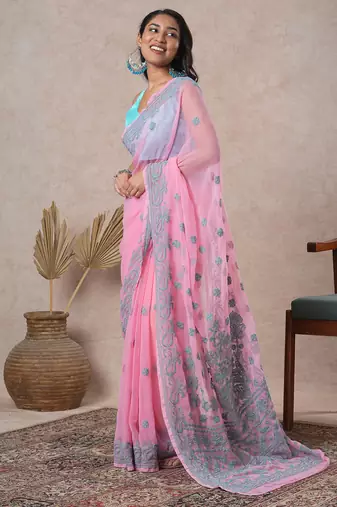 hand embroidered onion pink georgette saree with blouse 
