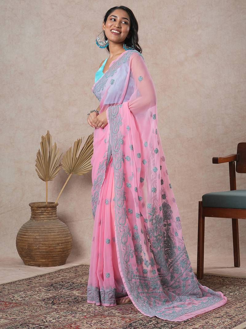 hand embroidered onion pink georgette saree with blouse 