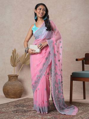 hand embroidered onion pink georgette saree with blouse  4