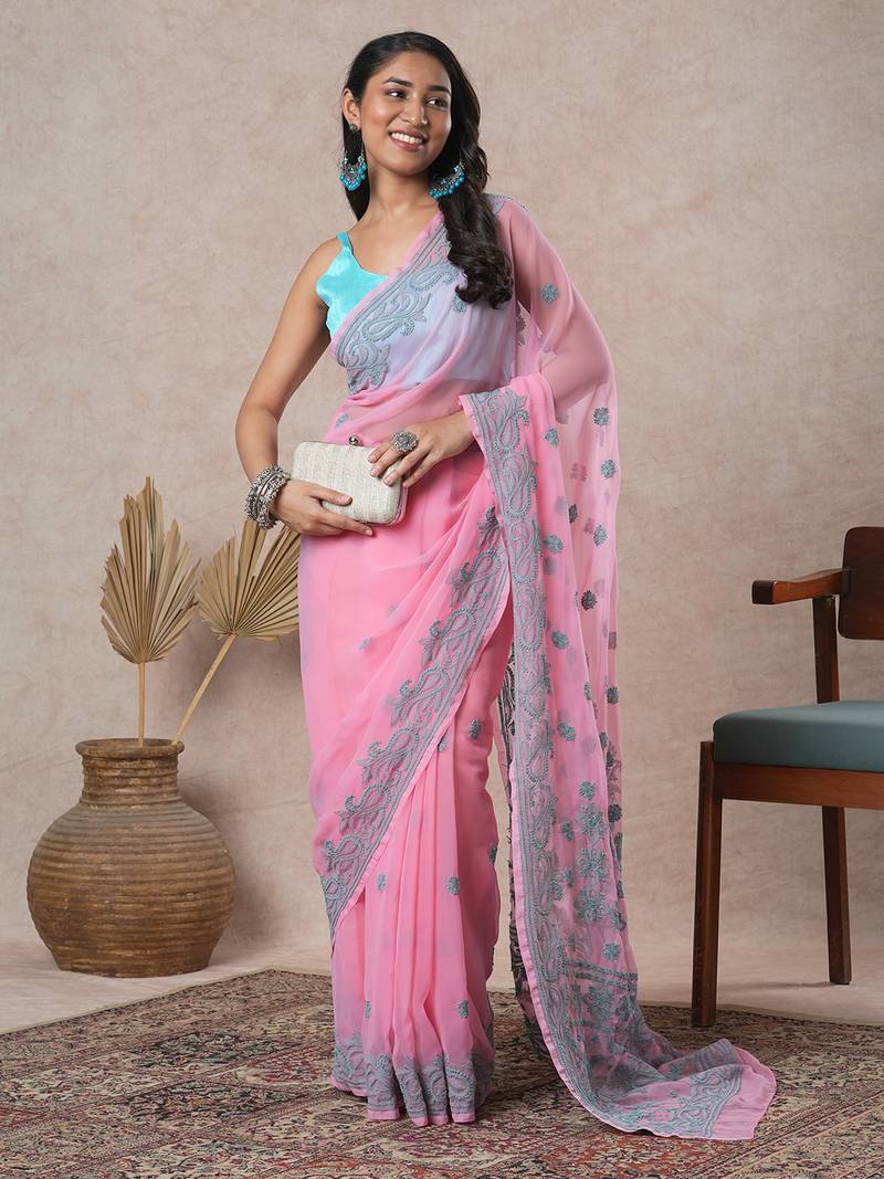 hand embroidered onion pink georgette saree with blouse 