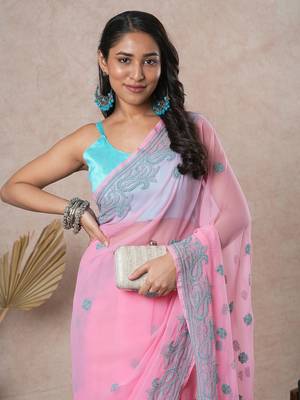 hand embroidered onion pink georgette saree with blouse  5