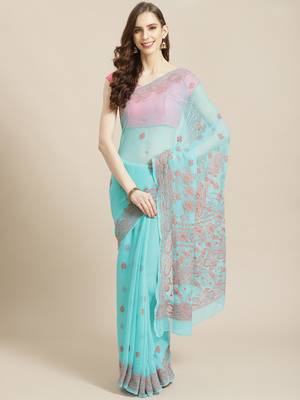 hand embroidered sea green georgette lucknowi chikankari saree with blouse  1