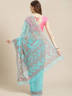 hand embroidered sea green georgette lucknowi chikankari saree with blouse  2