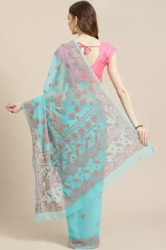 hand embroidered sea green georgette lucknowi chikankari saree with blouse 