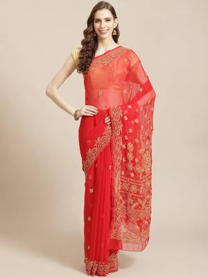 hand embroidered red georgette lucknow chikan saree with blouse  1