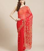 hand embroidered red georgette lucknow chikan saree with blouse 