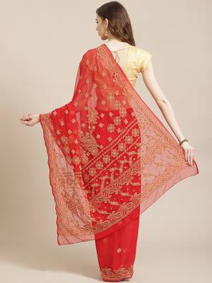 hand embroidered red georgette lucknow chikan saree with blouse  2
