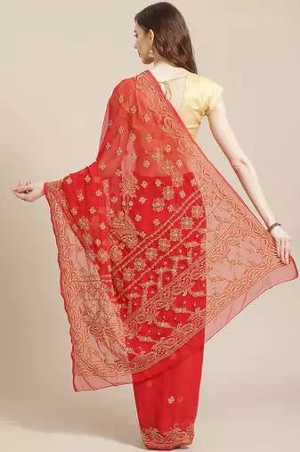hand embroidered red georgette lucknow chikan saree with blouse 