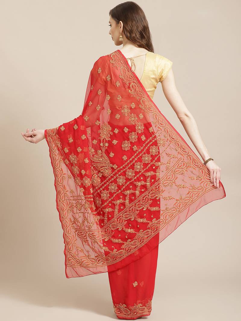 hand embroidered red georgette lucknow chikan saree with blouse 