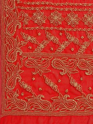hand embroidered red georgette lucknow chikan saree with blouse  3
