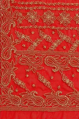 hand embroidered red georgette lucknow chikan saree with blouse 