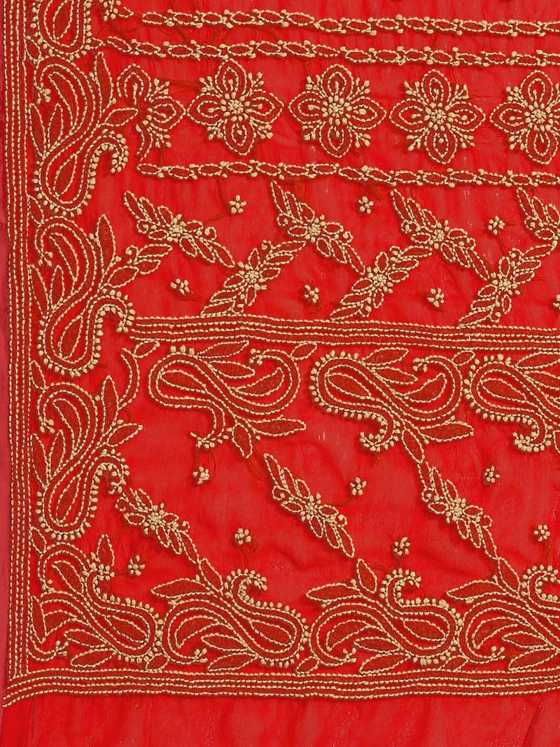 hand embroidered red georgette lucknow chikan saree with blouse 