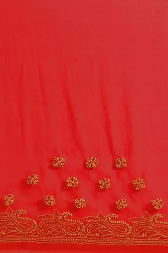 hand embroidered red georgette lucknow chikan saree with blouse 