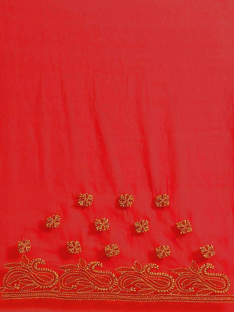 hand embroidered red georgette lucknow chikan saree with blouse 