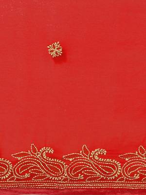 hand embroidered red georgette lucknow chikan saree with blouse  5