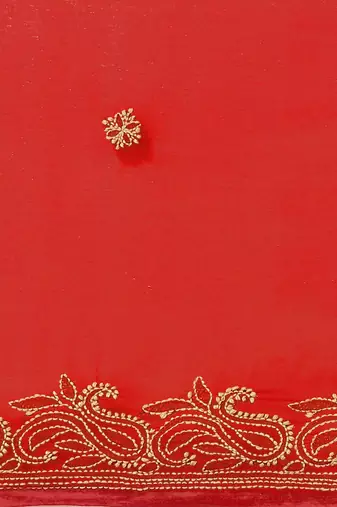 hand embroidered red georgette lucknow chikan saree with blouse 