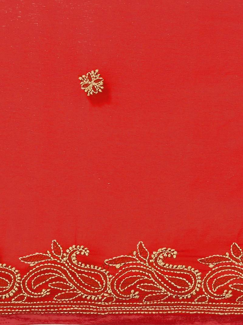 hand embroidered red georgette lucknow chikan saree with blouse 