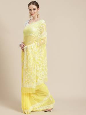 hand embroidered yellow georgette lucknow chikan saree with blouse  1