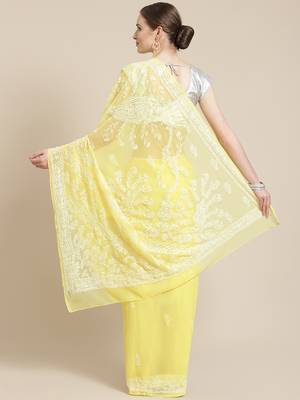 hand embroidered yellow georgette lucknow chikan saree with blouse  2