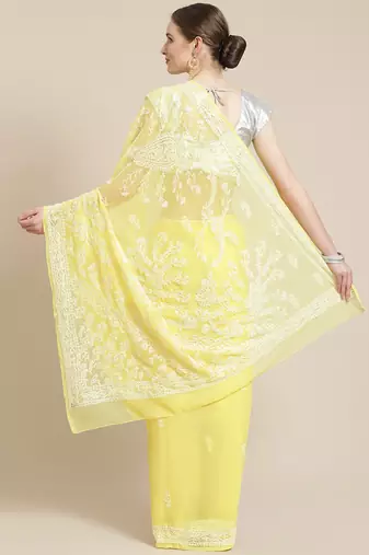 hand embroidered yellow georgette lucknow chikan saree with blouse 