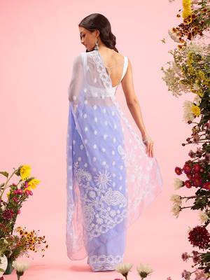 hand embroidered mauve georgette lucknowi chikankari saree with blouse  2
