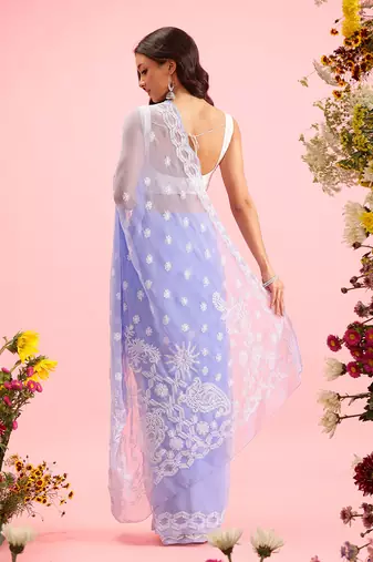 hand embroidered mauve georgette lucknowi chikankari saree with blouse 