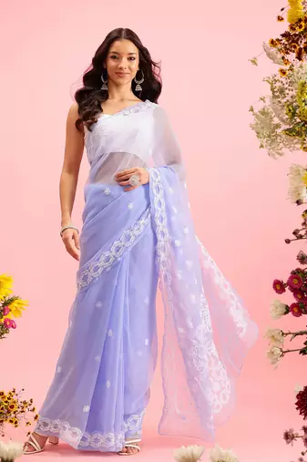 hand embroidered mauve georgette lucknowi chikankari saree with blouse 