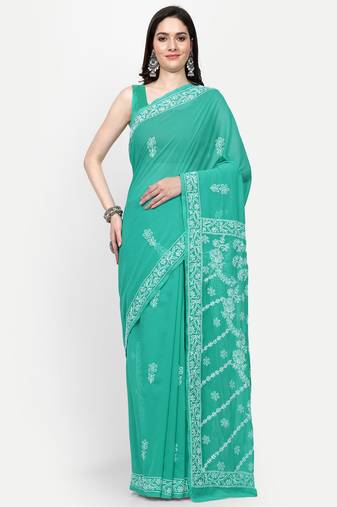 hand embroidered green georgette lucknowi chikankari saree with blouse 