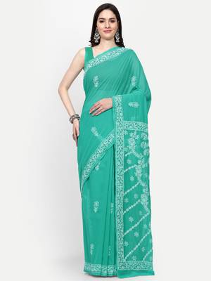 hand embroidered green georgette lucknowi chikankari saree with blouse  1